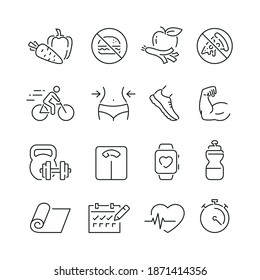 Fitness related icons: thin vector icon set, black and white kit