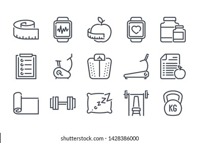 Fitness related line icon set. Gym exercises linear icons. Sport and training outline vector signs and symbols collection.