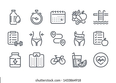 Fitness related line icon set. Gym exercises linear icons. Sport and training outline vector signs and symbols collection.