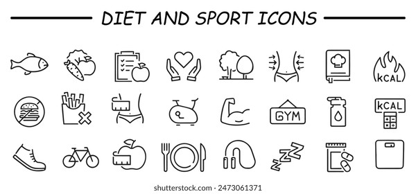 Conjunto de iconos de línea relacionados con la aptitud. Gimnasio ejercita iconos lineales. El deporte y el entrenamiento delinean la colección de los signos y símbolos del Vector. Dieta y deporte.