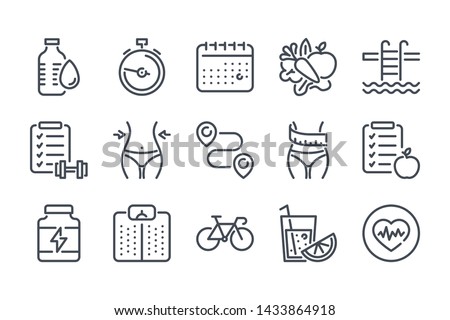 Fitness related line icon set. Gym exercises linear icons. Sport and training outline vector signs and symbols collection.