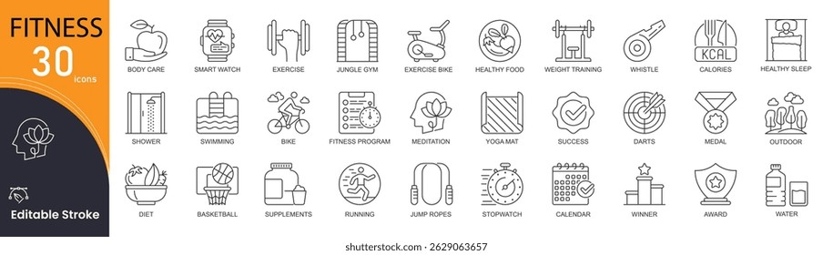 Fitness related line icons set. Bundle of fit, weight, cardio, gym, exercise bike, training, swimming, running, diet and other. Editable Stroke .Outline icons.