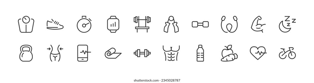 fitness related line icons. Vector linear object set. 24x24 Pixel Perfect with editable stroke