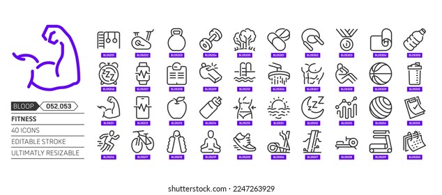 Fitness related, pixel perfect, editable stroke, up scalable, line, vector bloop icon set. 