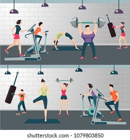 Fitness room with people on a work out. Gym panoramic illustration. Woman and man on sport training.