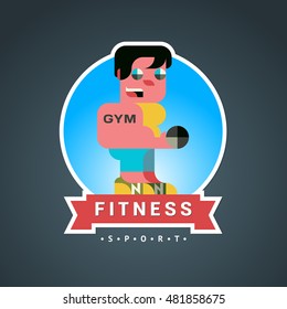 Fitness Round Sticker vector in modern flat geometric style with a ribbon. A man with a dumbbell on a dark background. Template for flyers, business cards, covers, posters.