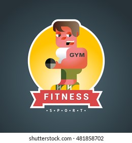 Fitness Round Sticker vector in modern flat geometric style with a ribbon. A man with a dumbbell on a dark background. Template for flyers, business cards, covers, posters.