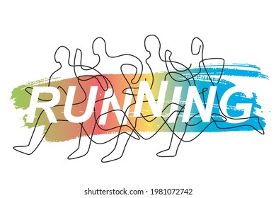 Fitness Runners with inscription RUNNING.
Colorful expressive illustration of sport runners. Continuous line drawing design. Vector available.
