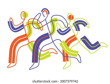 Fitness runners, jogging,line art stylized.
Colorful illustration of sport runners. Continuous line drawing design. Vector available.