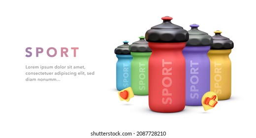Fitness running 3d realistic and sport water bottles various shapes size and colors isolated on white background. Vector illustration