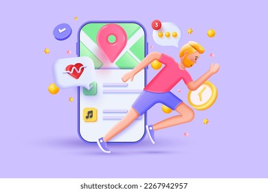 Fitness running app concept. Cartoon Men character. Workout for wellness and activity of muscles. Male healthcare. 3d Vector Illustration