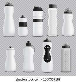 Fitness running blender and sport water bottles various shapes white realistic objects collection transparent background vector illustration