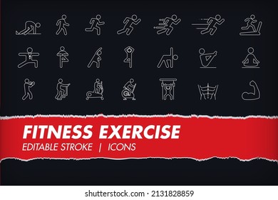 Fitness running exercise, yoga, gym element linear icon symbol collection set. Health and Wellness. Editable stroke line