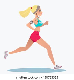 Fitness running girl with mp3 player. A cute running girl in cartoon style. Vector illustration isolated on white background. Design for motivational poster, article about fitness.