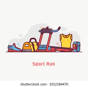 Fitness and running lifestyle background with sport run equipment and accessories. Treadmill, bag, wristwatch and jogging boots. Sports and activity concept in flat design.