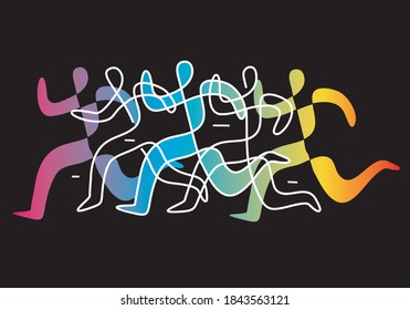 Fitness running, marathon race.
Colorful lineart stylized illustration of running people on black background. Vector available.
