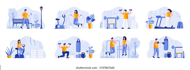 Fitness scenes bundle with people characters. People running, jumping with rope, lifting dumbbells and training with punching bag situations. Sports activities and workout flat vector illustration.
