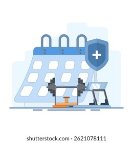 fitness schedule concept, barbell lifting and calendar. consistent for workout and weight lifting. gym agenda. consistency and lifestyle. flat style design illustration elements.