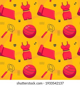 Fitness Seamless Pattern with Fitness Clothes, Yoga Mat, Yoga Ball, and Skipping Rope. You can use this design to create poster, tshirt, pillow, tote bag, pouch, phone case, etc.
