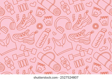 Fitness seamless pattern. Flat cartoon design of workout equipment, vector illustrations of sneakers, water bottles, yoga mats. Modern doodle outline style, for sport and health related designs