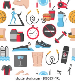 Fitness seamless pattern with flat icons of physical training healthy meal sport equipment nutrition vector illustration. Colorful template for website fit apps. Isolated on white background