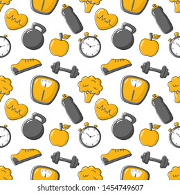 fitness seamless pattern healthy lifestyle isolated on white background. vector Illustration.