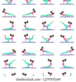 Fitness seamless pattern, set yoga poses, a girl practices yoga on a mat, fitness exercise, workout - vector illustration.