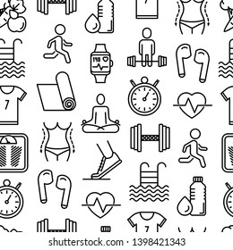 Fitness seamless pattern with thin line icons of running, dumbbell, waist, healthy food, swimming pool, pulse, wireless earphones, sportswear, yoga. Modern vector illustration.