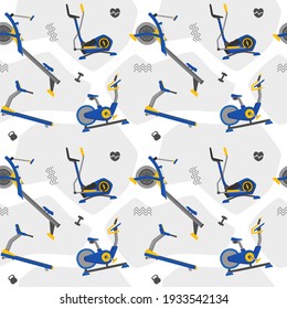 Fitness Seamless Pattern with Treadmill, Exercise Bike, Elliptical Trainer, and Rowing Machine. You can use this design to create poster, tshirt, pillow, tote bag, pouch, phone case, etc.