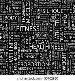 FITNESS. Seamless vector pattern with word cloud.