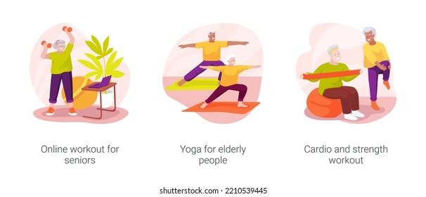 Fitness For Seniors Isolated Cartoon Vector Illustration Set. Online Workout For Seniors, Yoga For Elderly People, Sitting Position, Cardio And Strength Training, Aged Couple Vector Cartoon.