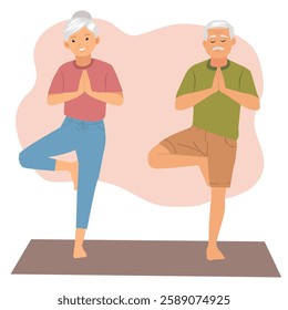 Fitness for seniors. yoga for elderly people. happy senior man and woman doing yoga exercise. Isolated on white background.vector, illustration