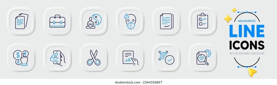 Fitness, Seo stats and Documents line icons for web app. Pack of Document, Qr code, Checklist pictogram icons. Medical mask, Document signature, Money currency signs. Cut, Yoga, Portfolio. Vector