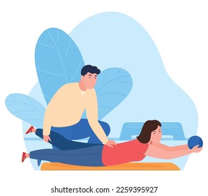 Sesión de fitness con entrenador haciendo ejercicio conjunto en el gimnasio estudio vector ilustración plana. Ejercicio de cliente femenino con balón en la asistencia de entrenador personal deporte equilibrio atlético estiramiento