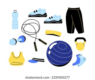 Fitness set accessories concept. Rope, pants and sneakers. Active lifestyle and sports, workout. Fitball and bottle with water. Cartoon flat vector collection isolated on white background