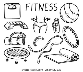 Fitness set body care. Hand drawn doodle illustration. Weight loss. Weighing. Sports equipment for training in gym. Active lifestyle. Yoga, jumping. Trampoline, hoop. Vector line art collection.