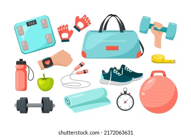 Fitness set with equipment and accessories symbols isolated on white background. 
Concept of a healthy lifestyle.