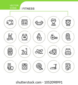 Fitness. Set of flat, linear, vector icons. Seth contains icons such as a simulator, dumbbells and others.