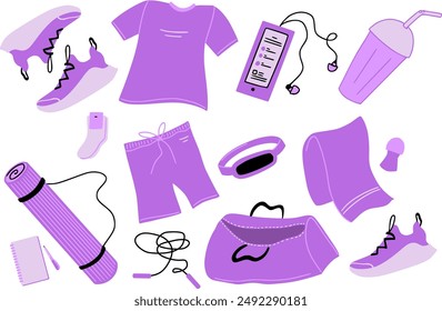 Fitness Set or Gym Sportswear and Stuff, Sport Supply. Yoga Mat, Bottle, Socks and Sneakers Vector Isolated Cute Objects Collection for Workout in Cute Doodle Style