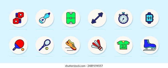 Fitness set icon. Boxing gloves, water bottle, soccer field, dumbbell, stopwatch, smartwatch, table tennis, tennis racket, running shoe, golf clubs, jersey, ice skates, sports, exercise, training