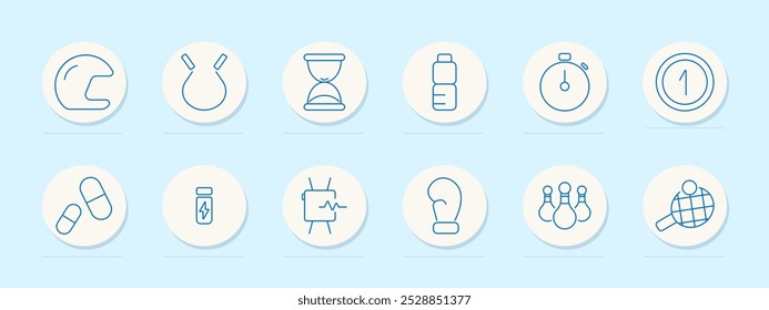 Fitness set icon. Helmet, punching bag, stopwatch, first place, boxing glove, pills, supplements, board, weightlifting, bowling, table tennis, hydration, fitness, competition, sports