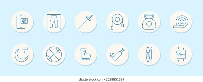 Fitness set icon. Smartwatch, weight scale, sword, measuring tape, kettlebell, exercise band, sleep monitor, basketball, roller skate, baseball, kayak, heart monitor.