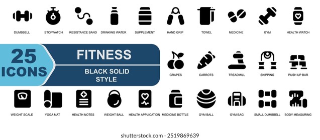 Fitness-Set icon.solid schwarz style.besteht aus kleinen laufen, trainieren, Hantel, Körper messen, messen, Trauben, Obst, Karotten, Gemüse, Laufband.
