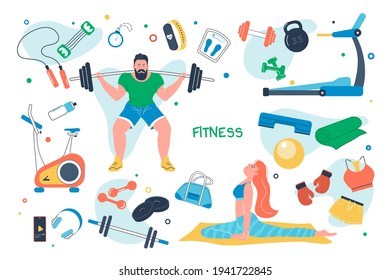 Fitness-Set einzeln Elemente. Mann, der Gewichtheber macht, Mädchen, die Yoga asana macht. Sportsymbolbüne - Fitnessgeräte, Hantel, Wasserballfeld, Sporteinheitlichkeit. Vektorgrafik in flachem Cartodesign