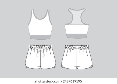 Conjunto de fitness pantalones cortos y top, vector de ropa de gimnasio, ilustración técnica de moda, vector de ropa deportiva 