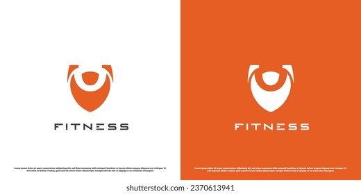 Fitness shield logo design illustration. Flat silhouette simple modern shadow minimalist subtle quiet geometric mature. Bodybuilder weightlifting strong sport fitness shield health icon symbol.