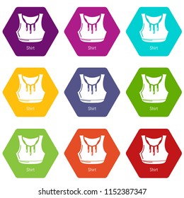 Fitness shirt women icons 9 set coloful isolated on white for web