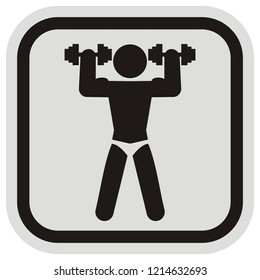 Fitness, silhouette of male with dumbbells, vector icon, black and gray frame