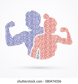 Fitness silhouette man and woman designed using red and blue mosaic pattern graphic vector.