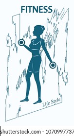 Fitness - Silhouette of woman with dumbbells - isolated on transparent abstract in grunge style against white background.